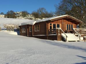 a wooden cabin in the snow with a snow covered yard at Long Mountain Centre Log Cabins in Meadowtown +17 photos
