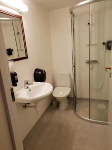 La salle de bains est pourvue de toilettes, d'un lavabo et d'une douche. dans l'établissement Henriksen Gjestestue, à Sørkjosen
