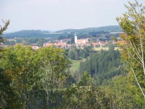 a town in the middle of a valley with trees at Ferienhaus Brunnenweiher in Kißlegg