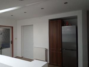 a kitchen with a refrigerator and a wooden cabinet at Apartment Pavel in Velké Poříčí