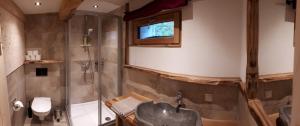 グロースアルルにあるBlockhaus Ganschitterのバスルーム(シャワー、洗面台、トイレ付)