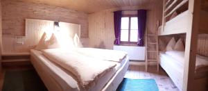 a bedroom with two bunk beds and a window at Blockhaus Ganschitter in Grossarl