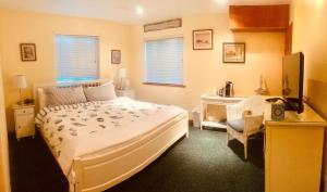 a bedroom with a bed and a sink in it at Driftwood Inn in Homer