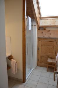 ein Bad mit einer Dusche und einer Glastür in der Unterkunft Les Pralets Plus in La Magne