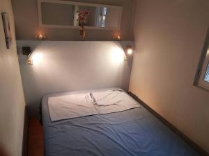 a small bed in a small room with two lights at Cottage du lac de Chaumeçon avec étang privé in Brassy