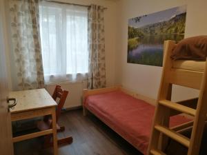 a bedroom with a bed and a desk and a window at Apartmán G4 Maty in Frymburk
