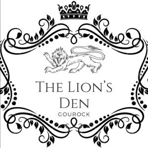 a black and white drawing of a lion with a crown at THE LION'S DEN ON ROYAL STREET in Gourock