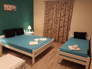 2 Betten in einem Zimmer mit grünen Wänden in der Unterkunft Vila & Apartments MATEA in Gevgelija