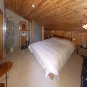 a bedroom with a large white bed in a wooden ceiling at Chalet Les Cols - Chambres avec terrasse & jardin - proche de la nouvelle gare in Saint-Jean-de-Maurienne