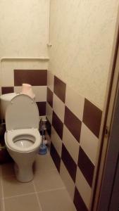 アパチートゥイにあるАпартаменты на Победы 23のチェッカー付きのトイレが備わるバスルームが備わります。