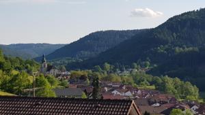 a town in a valley with mountains in the background at Ferienhaus KorsikaBlick in Unter Schönmattenwag