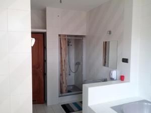 biała łazienka z prysznicem i umywalką w obiekcie Mira Rent House w Warszawie