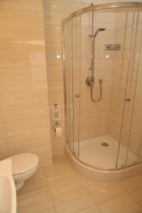 a bathroom with a shower and a toilet at Hotel Gaja in Warsaw