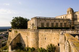 an old castle with a stone wall and a building at La Maison Rose in Grignan