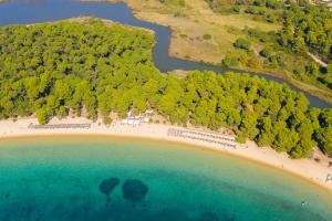 an aerial view of a beach with trees and water at Mandraki Village Boutique Hotel in Koukounaries