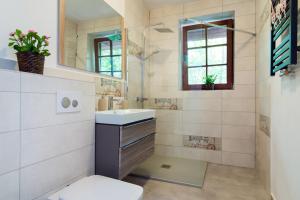 łazienka z umywalką, toaletą i lustrem w obiekcie Apartamenty Fenix w Kazimierzu Dolnym +6 zdjęć