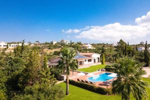 an aerial view of a house with a swimming pool and palm trees at Villa Thealassa in Kounoupidhianá