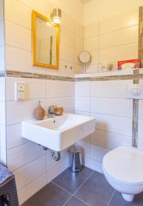 a bathroom with a sink and a toilet at Landpension Minna in Herbsleben