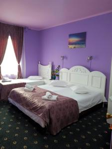 two beds in a hotel room with purple walls at Hotel Darosy in Arad