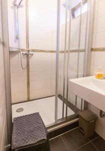 a shower with a glass door next to a sink at Landpension Minna in Herbsleben