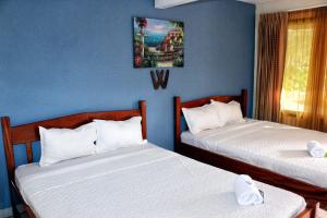 two beds in a room with blue walls at Hotel Doña Marta in Nicoya