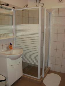 a bathroom with a shower and a sink at Fanni Budapest Guesthouse in Budapest