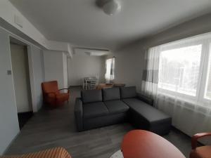 ein Wohnzimmer mit einem Sofa und einem Fenster in der Unterkunft Gasthaus Patruuna in Joutseno