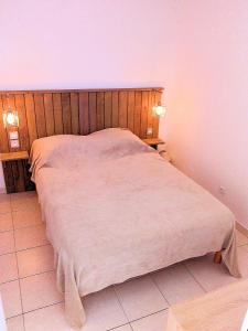 Un dormitorio con una cama con una manta. en T3 VUE ETANG, en Balaruc-les-Bains