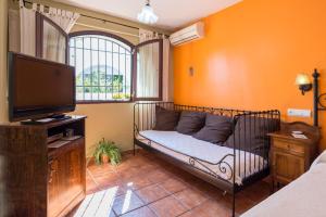 Una sala de estar con un sofá y un televisor de pantalla plana. en Hostal El Escudo de Mijas, en Mijas