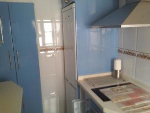 eine Küche mit blauen Wänden und einem Herd mit Backofen in der Unterkunft Céntrico y luminoso San Vicente in Salamanca + 10 Fotos