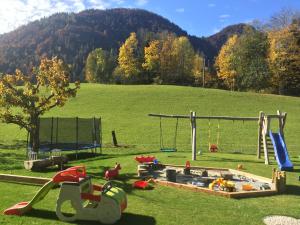a playground in a field with a swing at Ferienwohnung Lederer in Fieberbrunn