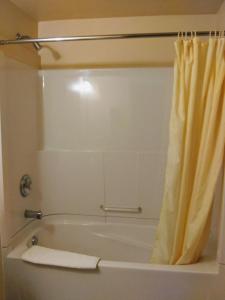 a bathroom with a bath tub with a shower curtain at Haida Way Motor Inn in Port McNeill