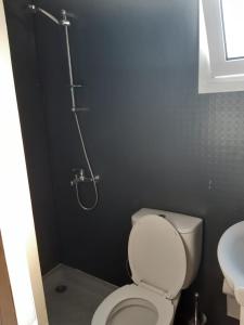 a bathroom with a toilet and a shower at City Center Holiday room in Limassol