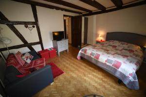 a bedroom with a bed and a couch and a television at Gite Bim Maidala in Colmar