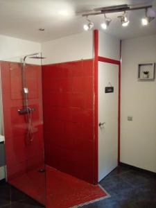 baño con ducha de azulejos rojos en Dolce Casa, en Sainte-Foy-lès-Lyon