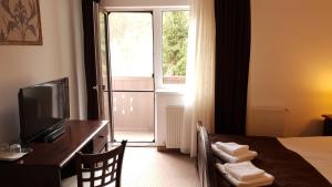 a hotel room with a bed and a desk and a television at Hotel Popasul Regelui Transalpina in Tău Bistra