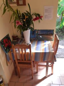 una mesa y dos sillas y una maceta en Maison de la plage, en Trois-Rivières