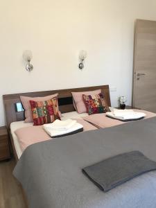 1 dormitorio con 1 cama con 2 almohadas en Edmond Apartment, en Hévíz