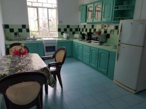 a kitchen with green cabinets and a table and a refrigerator at Lapiroguevilla (Tourist resident licence 03596) in Pereybere