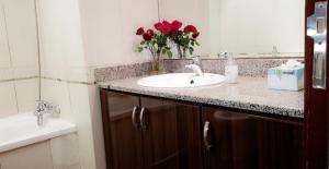 a bathroom with a sink and red roses on a counter at Hostel Dubai in Dubai