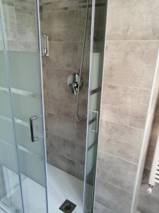 um chuveiro com uma porta de vidro na casa de banho em ALEXA casa vacanze em Pero