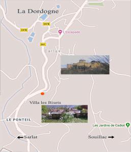 a map showing the location of la doodoria and vicinity less buses at Villa les Bisets 497 rue de fenelon in Carlux