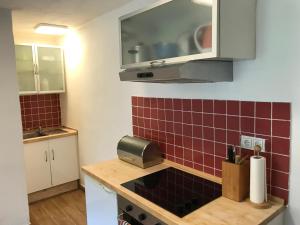 een keuken met rode tegels op de muur en een wastafel bij Wohnen im Weinberg in Rheinbreitbach