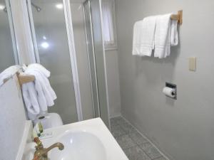 a bathroom with a sink and a shower with towels at Bryce Canyon Motel in Panguitch