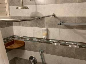 a bathroom with a shower with a soap dispenser at RAIROYALE AT SAND CASTLES in Ocho Rios +25 photos