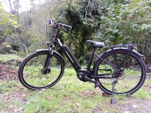a bike is parked on a stand in the grass at Appartamento Taggiasca con piscina - Riva Trigoso in Sestri Levante