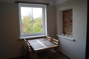 mesa y sillas en una habitación con ventana en Ergli Holiday Apartments en Ērgļi