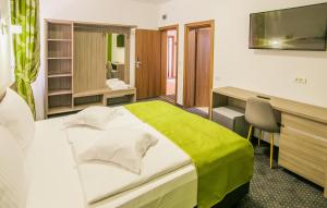 Dormitorio con cama, escritorio y TV en Villa Boutique ARNICA, en Brasov