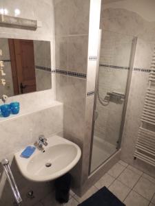 une salle de bain avec un lavabo et une douche dans l'établissement Haus Unterweger, à Fulpmes 27 autres photos