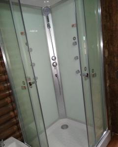 een badkamer met een douche en een glazen deur bij Cabaña Alamos Altos in Belén de Escobar